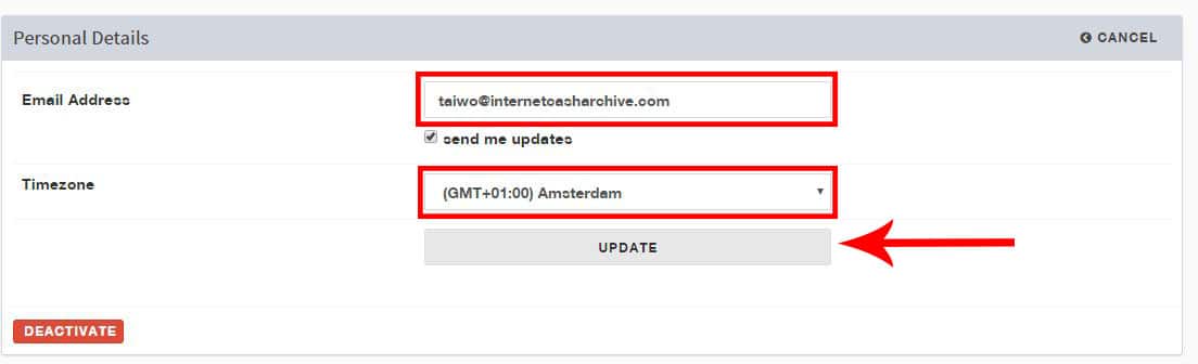 Adding your email address and time zone to websta