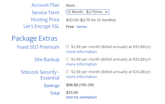 Bluehost Package Information